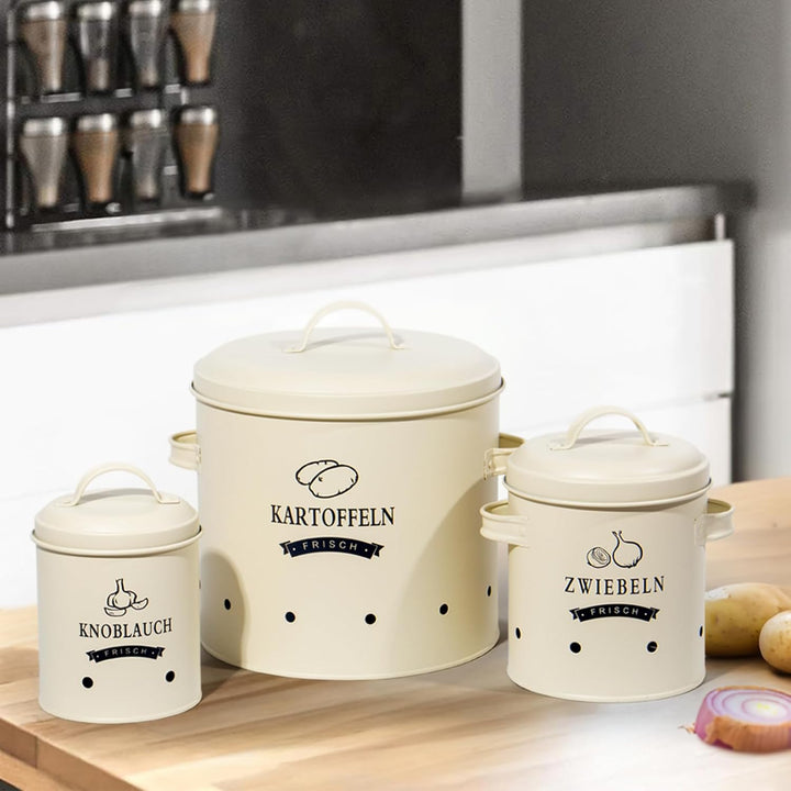 Theo&Cleo Kartoffel Vorratsdosen Set, Kartoffeltopf im Retro Design Zwiebeltopf, Grosser Vorratsbehä