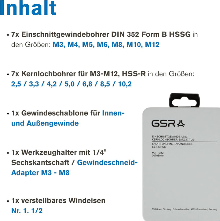 GSR Gewindeschneider Set, 17-teilig, HSSG Gewindebohrer Set, M3-M12, Mit Gewindebohrer-Halter 1/4''