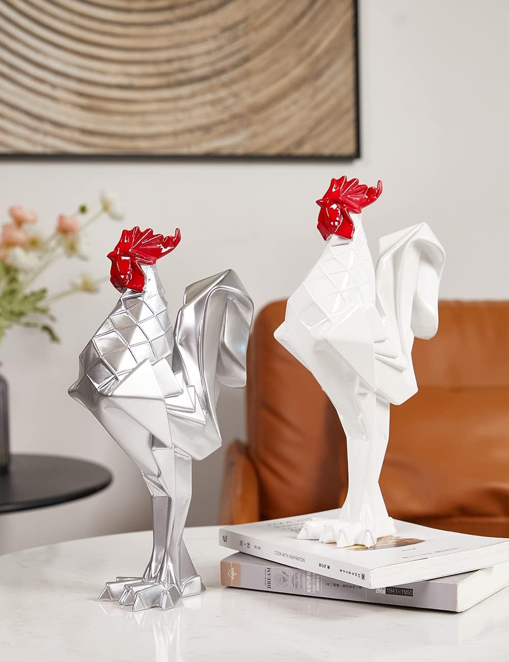 NENBOLEC Modern Skulptur Dekor Hahn Statue Tier Arts Wohnzimmer Kunst Polyresin Silber Geschenk 31cm