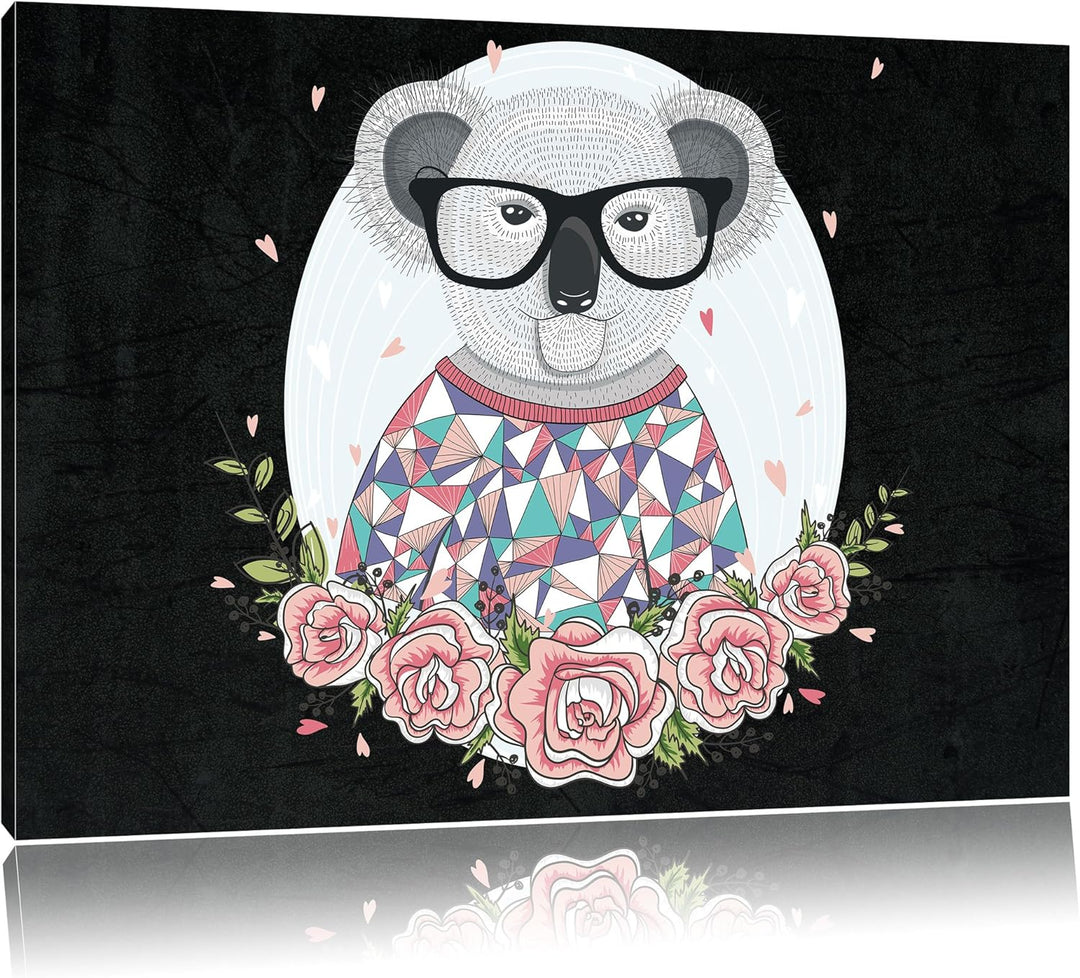 Pixxprint Hipster Koala mit Rosen als Leinwandbild/Grösse: 100x70 cm/Wandbild/Kunstdruck/fertig besp
