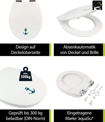 'aquaSu® WC-Sitz mit Absenkautomatik, Maritim Dekor Schiffsanker, Toilettensitz mit Holzkern, Fast F