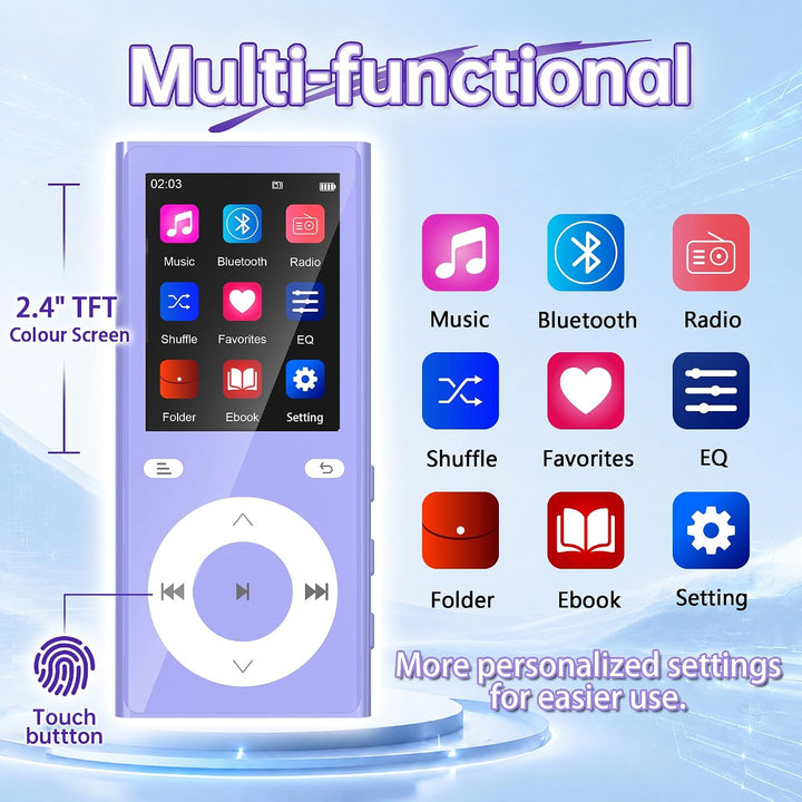 90GB MP3 Player Bluetooth 5.3, Musik Player 2 TF-Kartensteckplätzen Lila, Lila