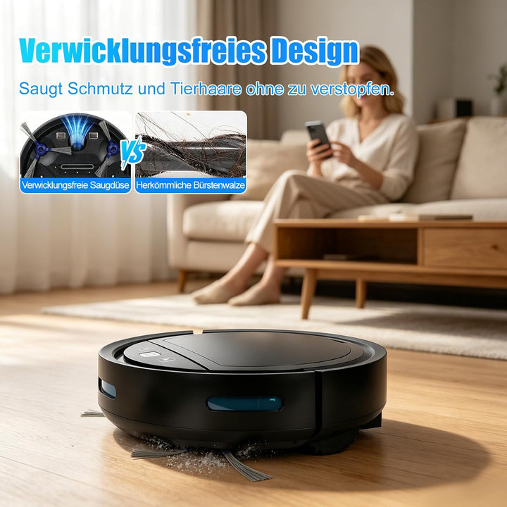 Saugroboter mit Wischfunktion 2 in 1, 4000PA Starkes Saugen Staubsauger Roboter, Anti-Tangle, Automa