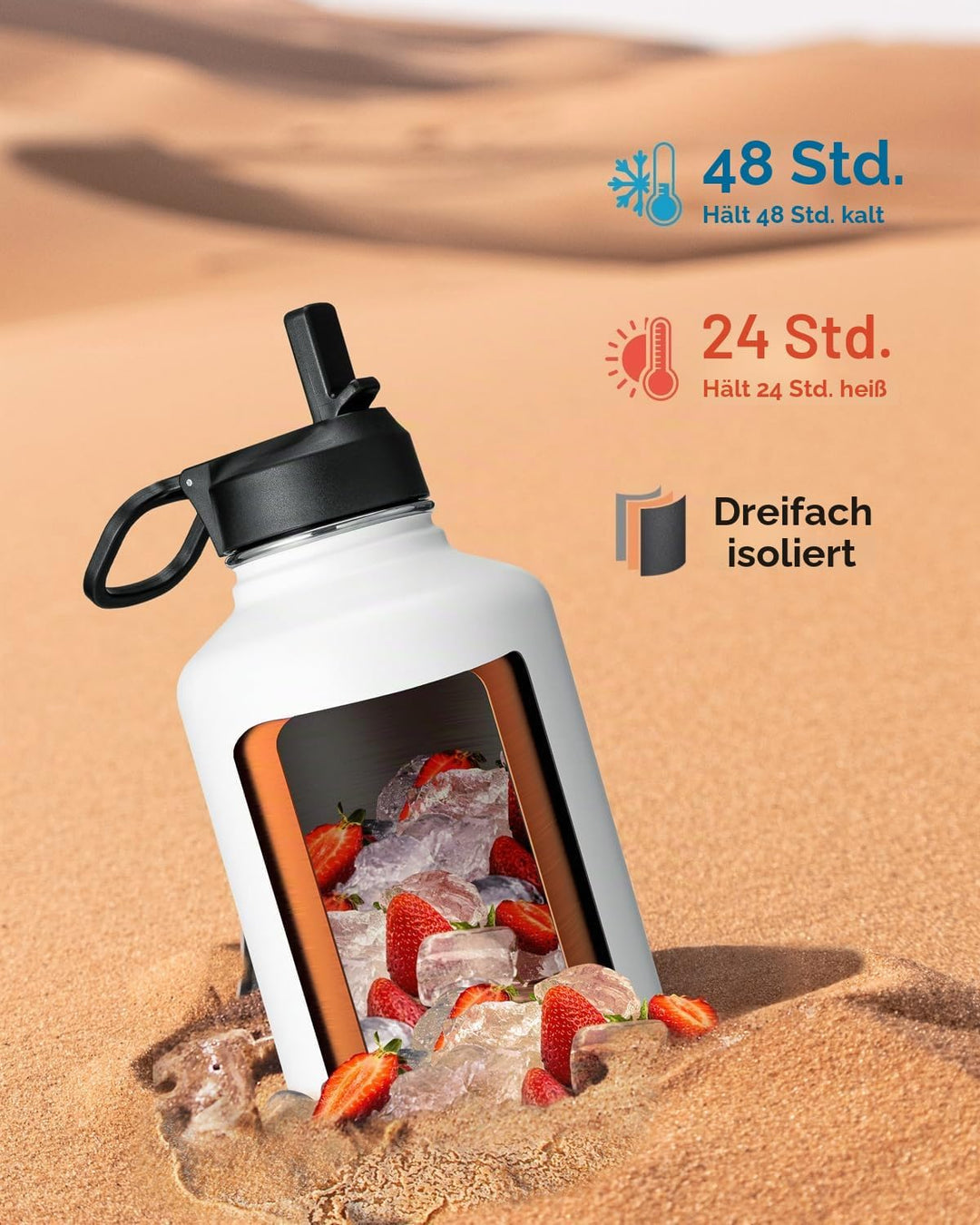 Coolflask Isolierte Wasserflasche mit Strohhalm und 3 Deckeln, 1,8 l Wasserkrug, grosser Metall-Edel