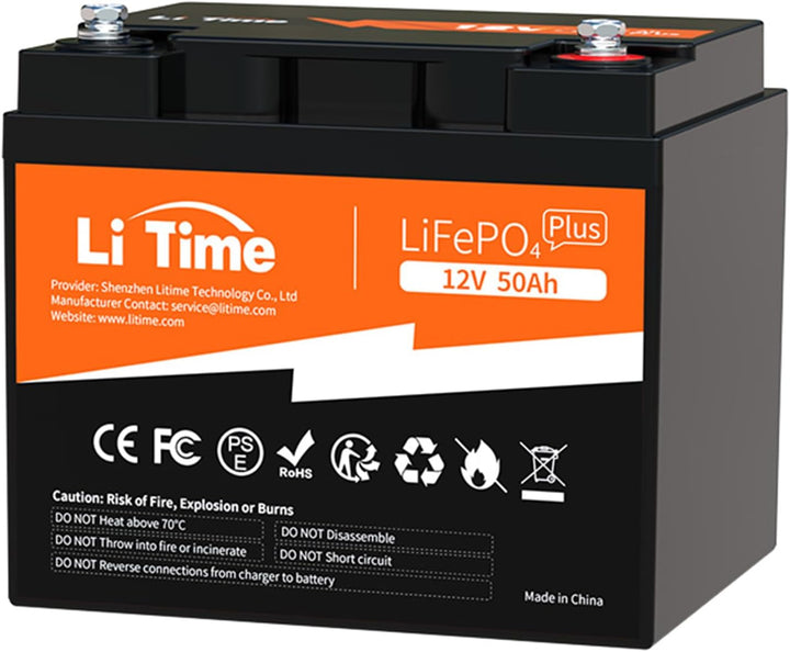 LiTime LiFePO4 12V 50Ah Batterie mit Max. 15000 Zyklen und 10 Jahre Lebensdauer, Eingebautes 50A BMS