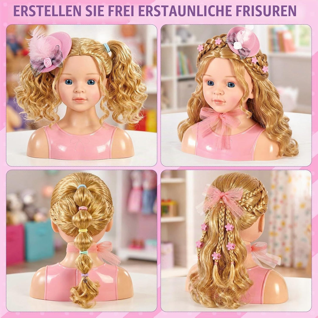 Frisierkopf Kinder Schminkkopf Mädchen Spielzeug, Stylingkopf Set mit Haartrockner, Lockenstab, Schm