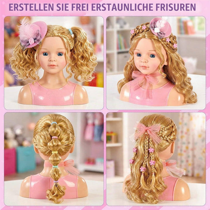 Frisierkopf Kinder Schminkkopf Mädchen Spielzeug, Stylingkopf Set mit Haartrockner, Lockenstab, Schm