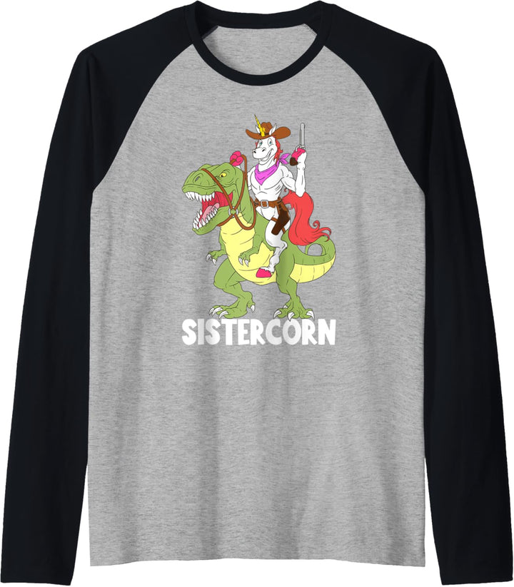 Sistercorn Unicorn Sister Riding T-Rex Dinosaur Girls Cowboy Raglan