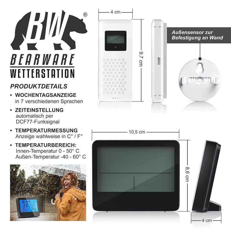 CSL - Funk Wetterstation mit Aussensensor - Funkuhr, sekundengenaue Uhrzeit durch DCF-Signal - LCD-D