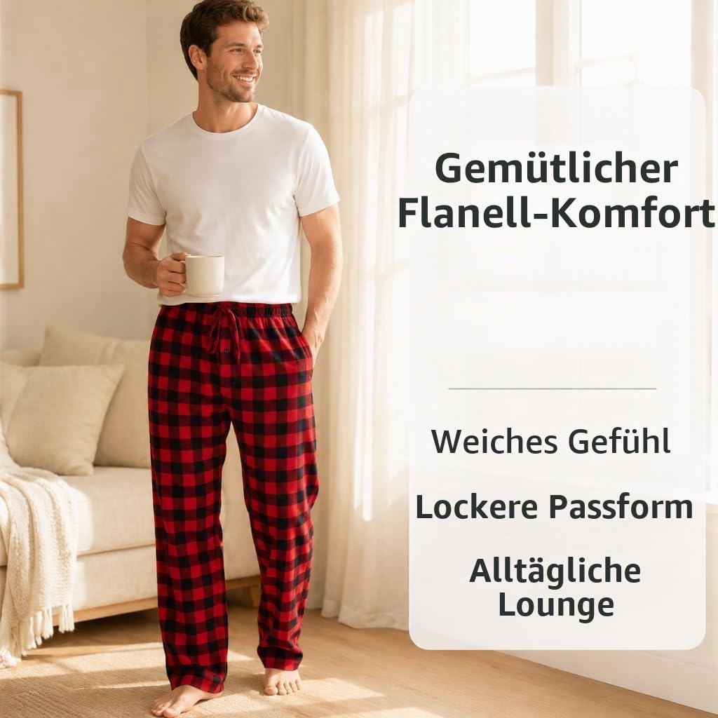 Herren 100% Baumwolle Flanell Bequeme Pyjama/Lounge Bottoms mit Taschen S Black Red Check, S Black R