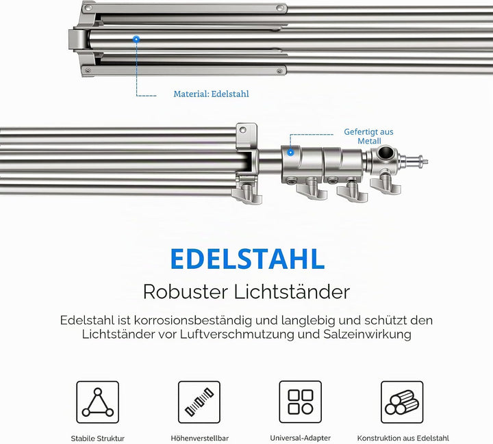 NEEWER 79"/2m Edelstahl Lichtstativ,federgepuffertes Hochleistungs Fotografiestativ mit 1/4" bis 3/8