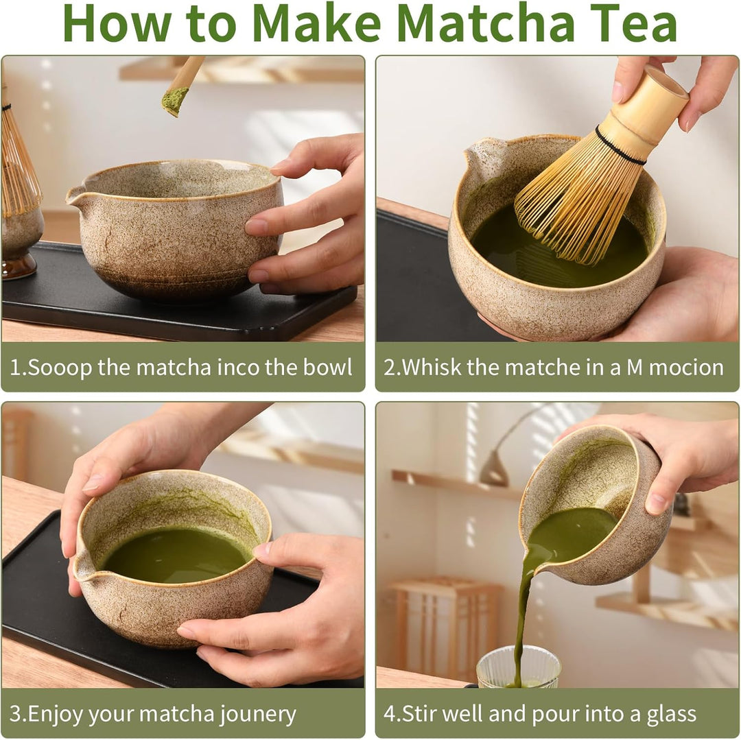 Japanisches Matcha-Teeset, Matcha-Schale mit Ausguss, inklusive handgefertigtem Keramik-Besenhalter,