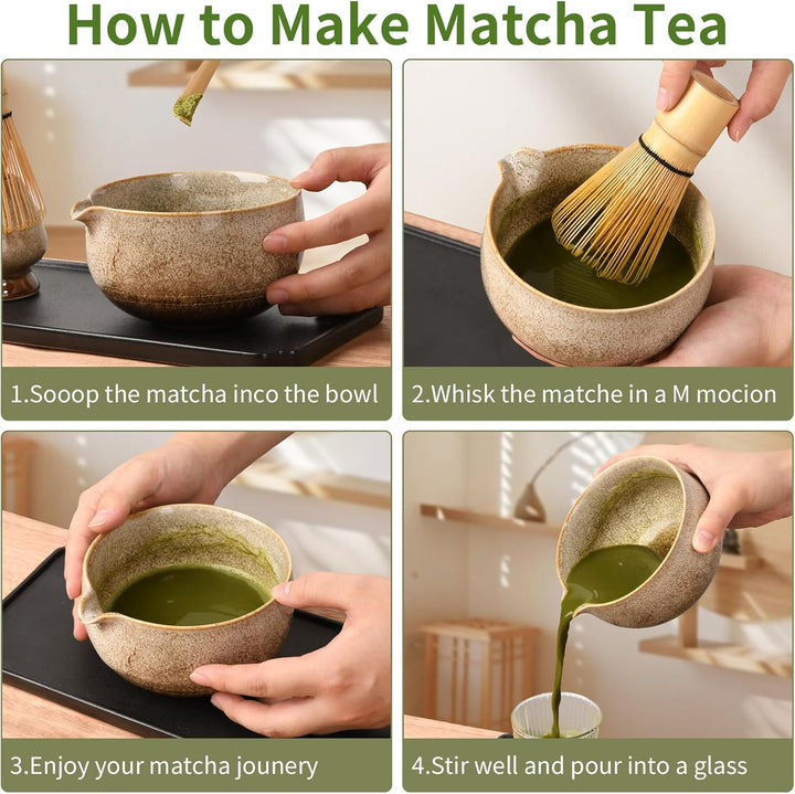 Japanisches Matcha-Teeset, Matcha-Schale mit Ausguss, inklusive handgefertigtem Keramik-Besenhalter,