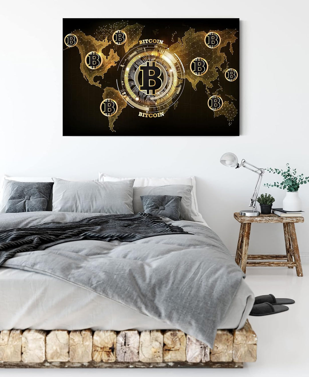 Pixxprint Weltkarte des Bitcoin BTC als Leinwandbild | Grösse: 120x80 cm | Wandbild | Kunstdruck | f