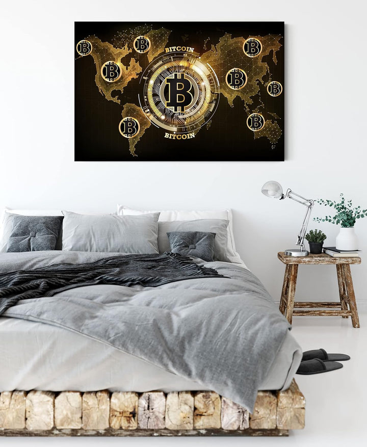 Pixxprint Weltkarte des Bitcoin BTC als Leinwandbild | Grösse: 120x80 cm | Wandbild | Kunstdruck | f