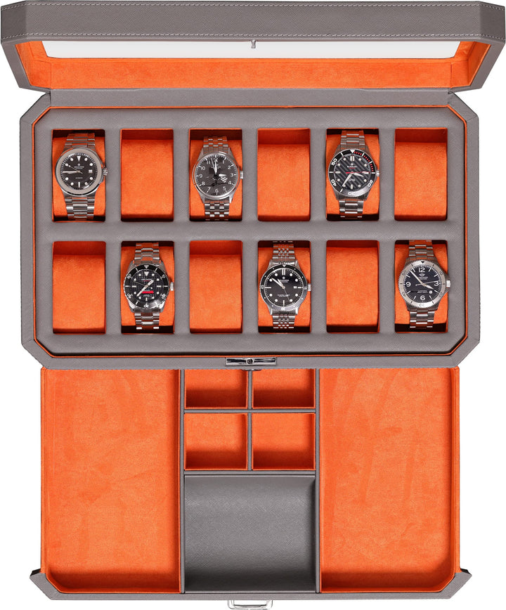 ROTHWELL 12 Slot Leather Watch Box with Valet Drawer - 12 Slot Luxury Watch Case Display Organizer,