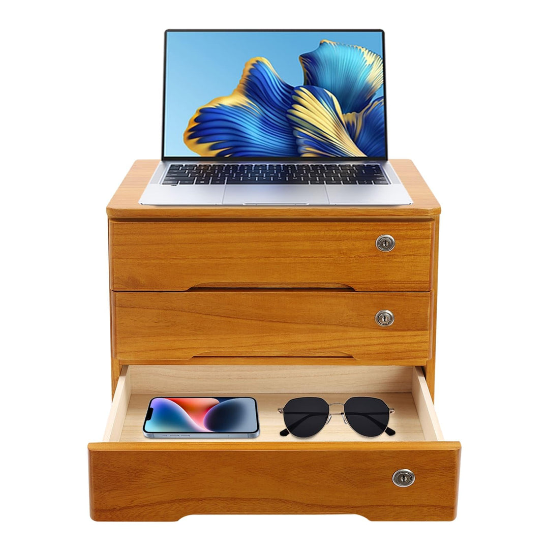 Aufbewahrungsbox mit 3 Ebenen, mit abschliessbarer Schublade, Schreibtisch-Organizer aus Holz, L 39