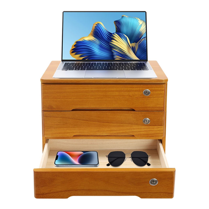 Aufbewahrungsbox mit 3 Ebenen, mit abschliessbarer Schublade, Schreibtisch-Organizer aus Holz, L 39
