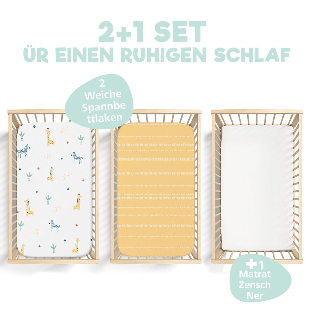 2X Spannbettlaken aus 100% Baumwolle mit Gummiband - 1X Matratzenschoner aus 100% wasserdichtem Mate