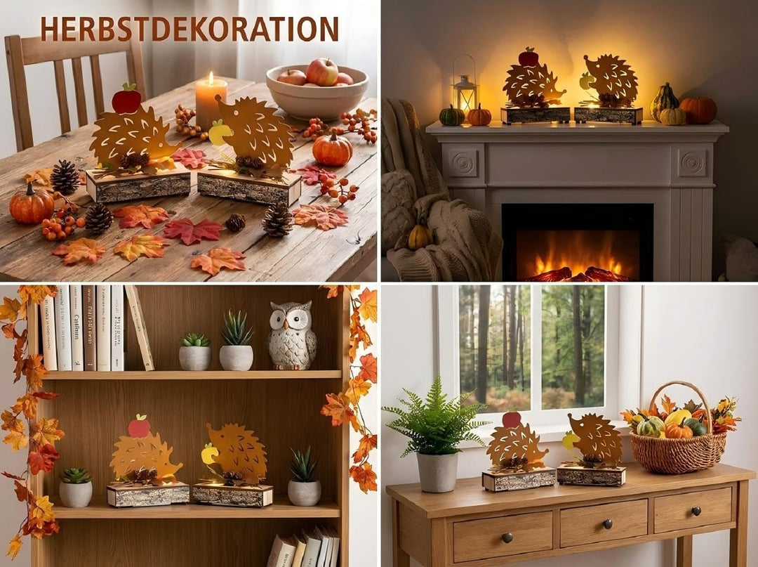 VALERY MADELYN 2er Rost Bunt Metall Igel Figuren für Herbstdeko Innen,mit LED,Sockel mit Holztextur,