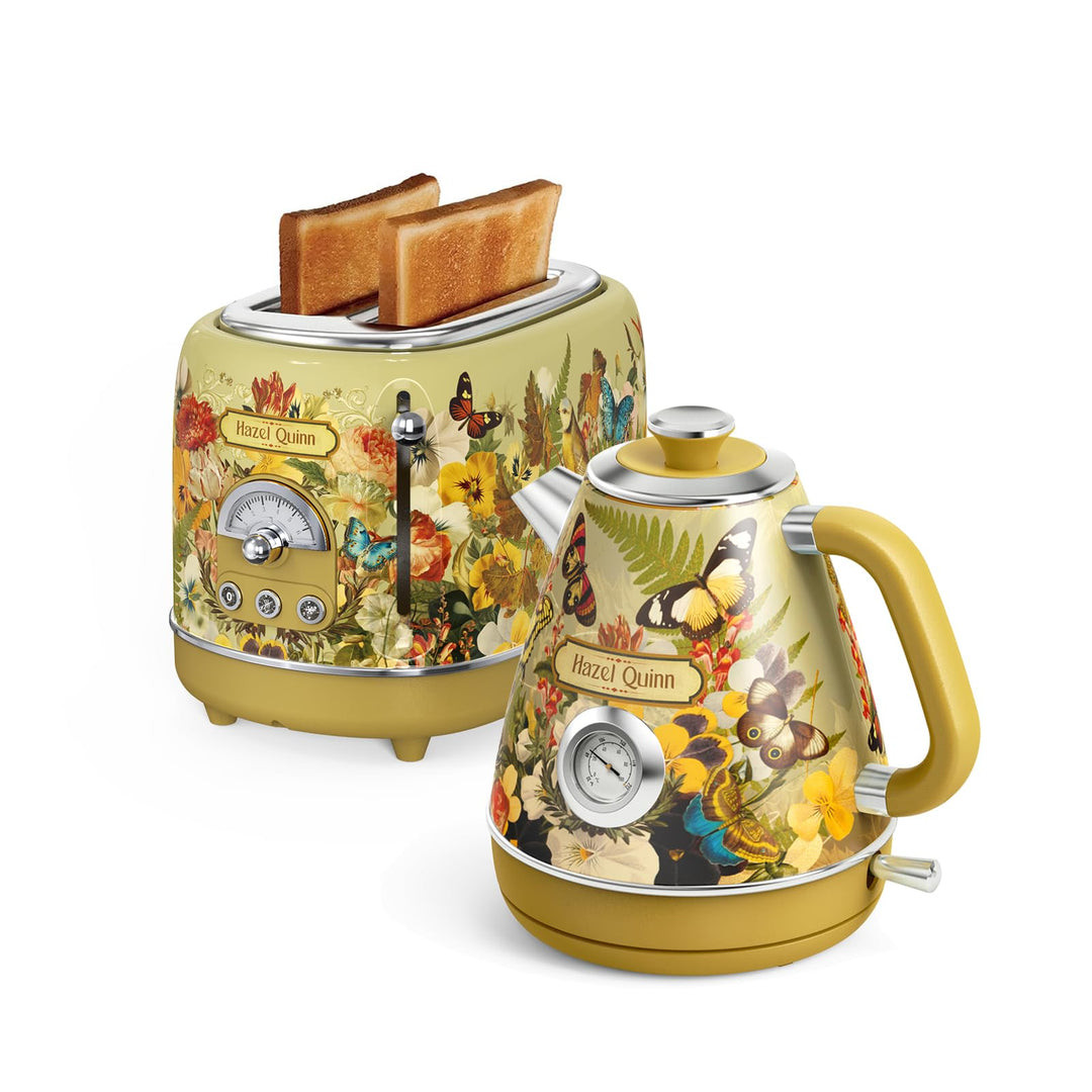 Hazel Quinn Retro Wasserkocher und Toaster Set, Vintage Frühstücksset aus Edelstahl, 1,7L Wasserkoch