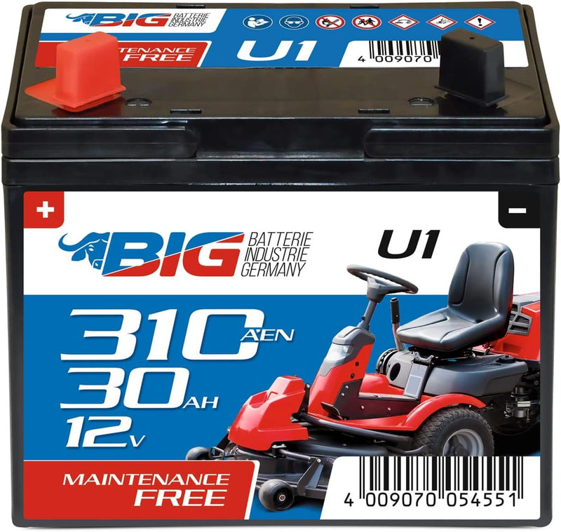 BIG U1 Garden Power Rasentraktor-Batterie 12V 30Ah 310A Starterbatterie für Aufsitzmäher wartungsfre