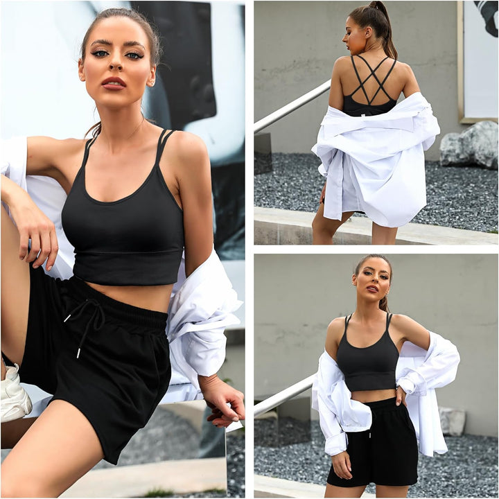 Sykooria Sport BH Damen Gepolstert Bustier Damen BH ohne Buegel Spaghettiträger Cross Back Design Pu