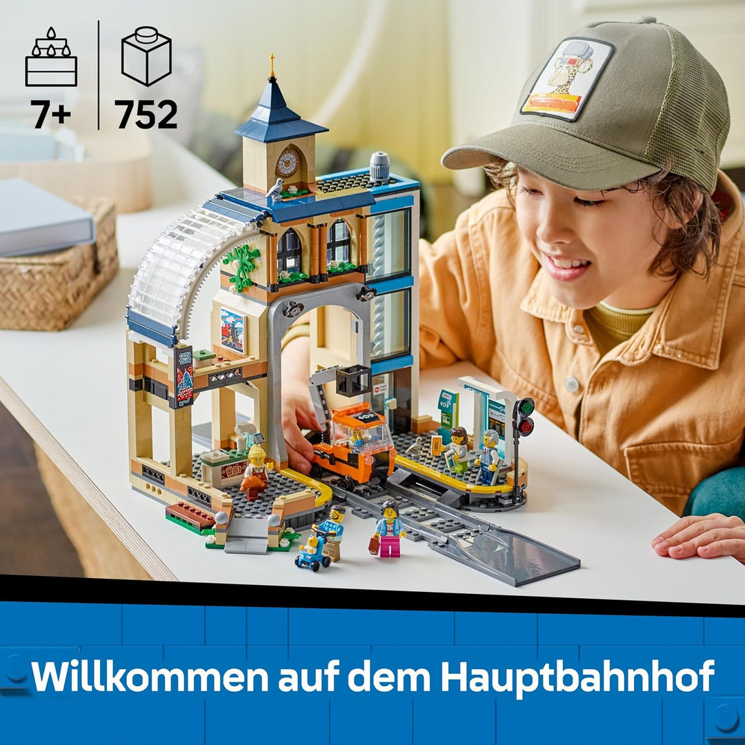 LEGO City Trains Hauptbahnhof - Wartungsfahrzeug-Spielzeug, funktionierendem Hublift, 2 Plattformen