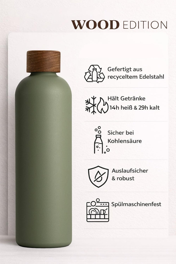 T&amp;N Edelstahl Trinkflasche 1 Liter, Thermosflasche 1l mit Akazienholz Deckel, Isolierte Wasserflasch