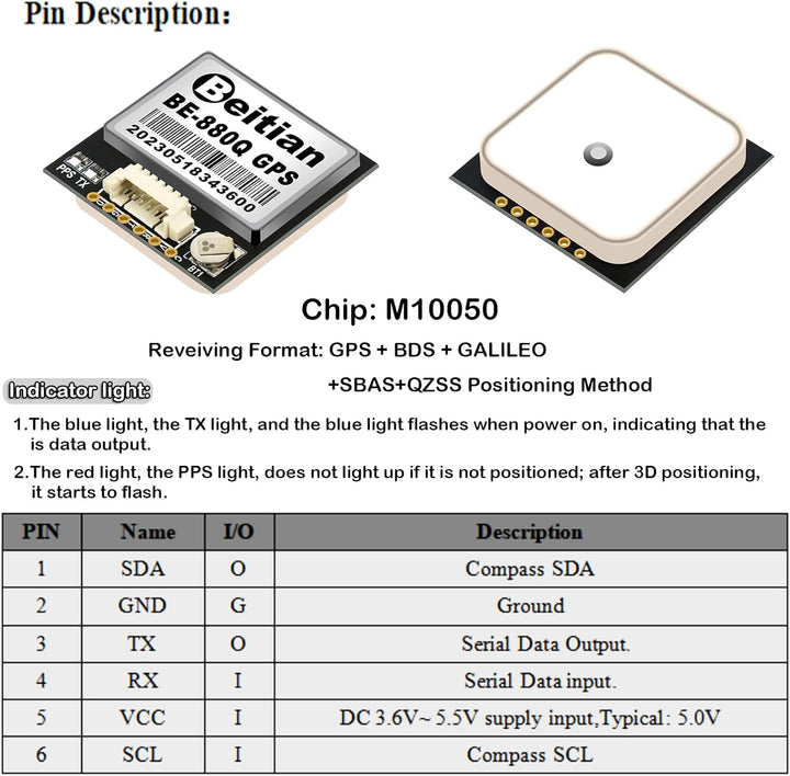 Geekstory BE-880Q GPS Module with Flash QMC5883L Compass GPS Antenna TTL Level 38400bps for Arduino