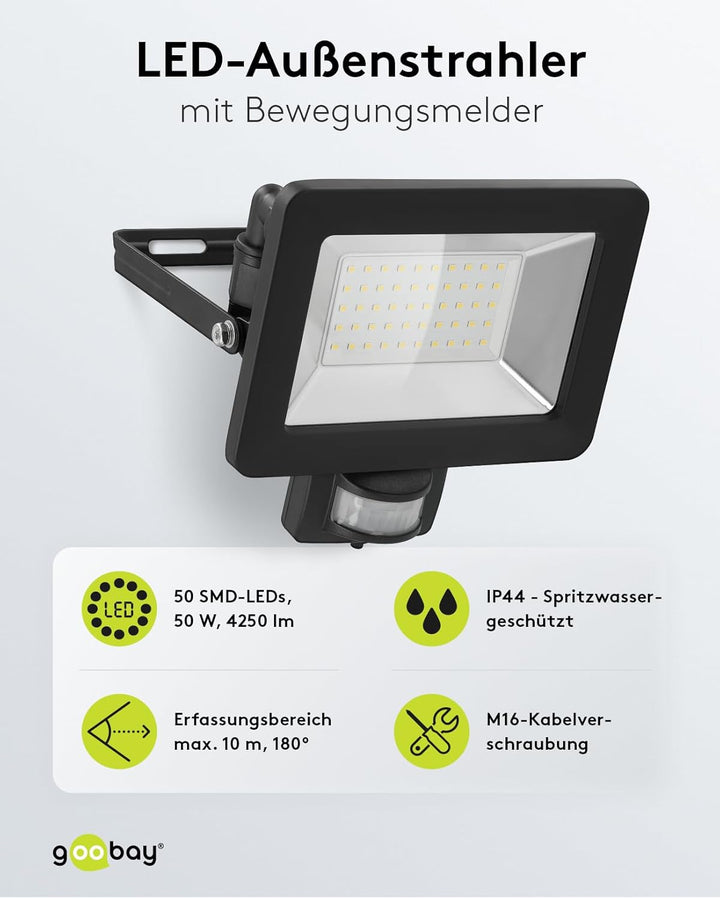 goobay 53883 LED Strahler Bewegungsmelder Aussen 50W / PIR Sensor Aussenstrahler IP44 / Neutralweiss