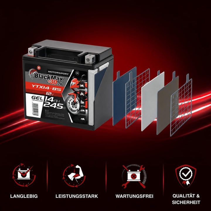 BlackMax YTX14-BS Motorradbatterie GEL 12V 14Ah CTX14-BS 51214 Batterie YTX14-4 14Ah - 220A - YTX14-