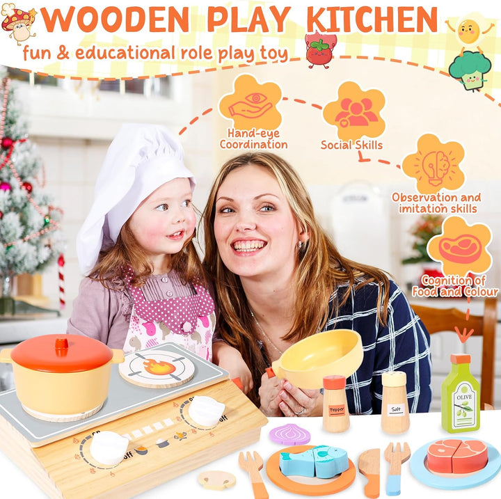 Kinderküche Zubehör Holz,Zubehör Kinderküche,Spielküche Zubehör Holz,Spielzeug Lebensmittel mit Töpf