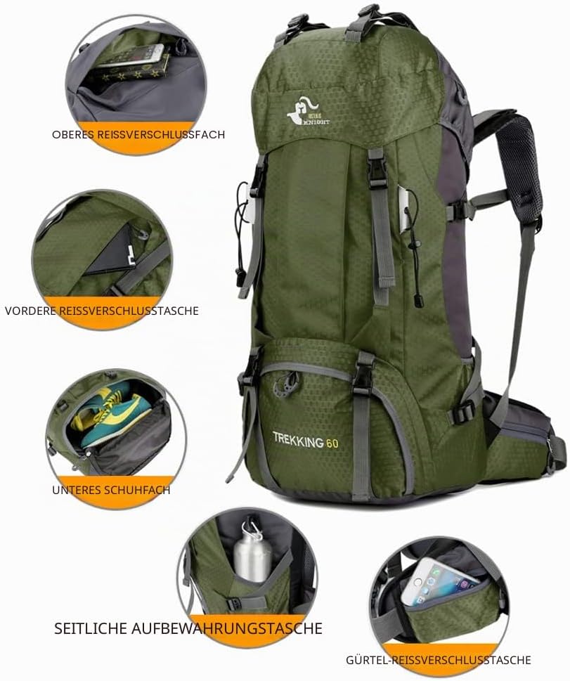 Bseash 60L Wasserdichter leichter Wanderrucksack mit Regenschutz, Outdoor Sport Tagesrucksack Multif