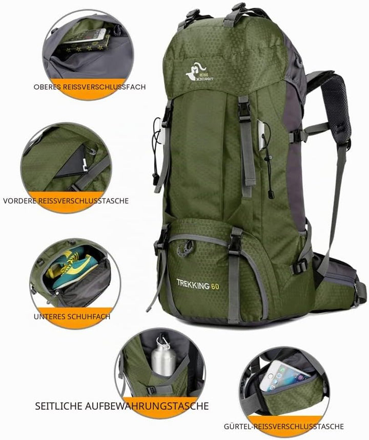 Bseash 60L Wasserdichter leichter Wanderrucksack mit Regenschutz, Outdoor Sport Tagesrucksack Multif