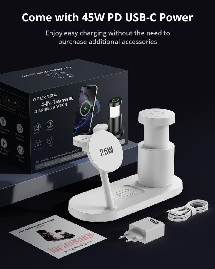 GEEKERA 25W Fast 4-in-1 Ladestation: Mag-Safe kabelloses Ladegerät, induktive Schnellladegerät mit N