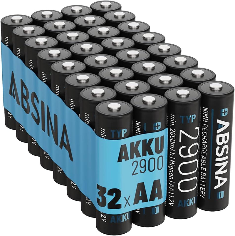 ABSINA Akku AA wiederaufladbar 2900 32er Pack - NiMH AA Akku mit 1,2V & min. 2650mAh - Aufladbare Ba