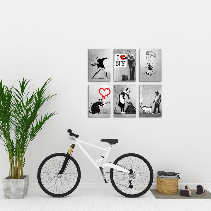 Novart Wandbilder Set Banksy Collage - KOMPLETT AUFHÄNGFERTIG - Made in Germany - Moderne Bilder Woh