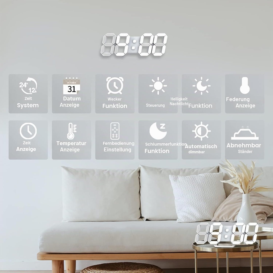 Deeyaple LED Wanduhr Digital Wecker 3D Uhr Dimmbar Snooze Modern USB 12/24Stunden Datum Temperaturan