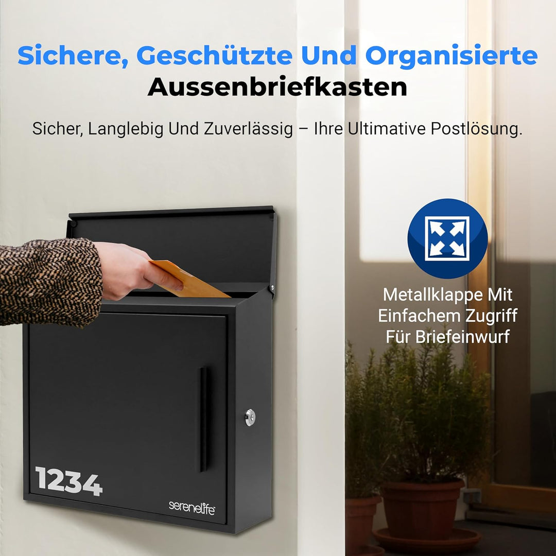SereneLife Briefkasten Anthrazit – A4 Einwurf, 35x37x11,5cm, mit Schloss & 2 Schlüsseln, Wetterfest