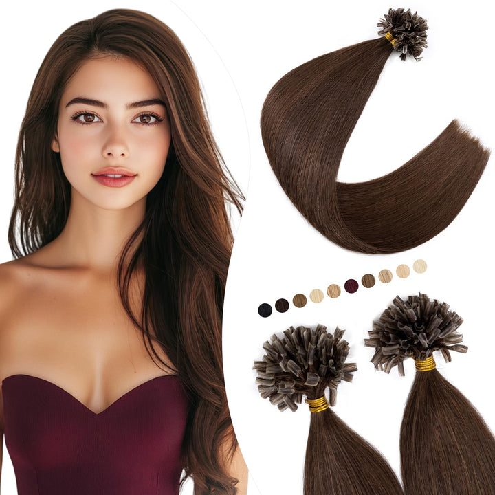Elailite Extensions Bondings Echthaar 200 Strähne 45cm #4 Mittelbraun, U Tip Hair Extensions Keratin