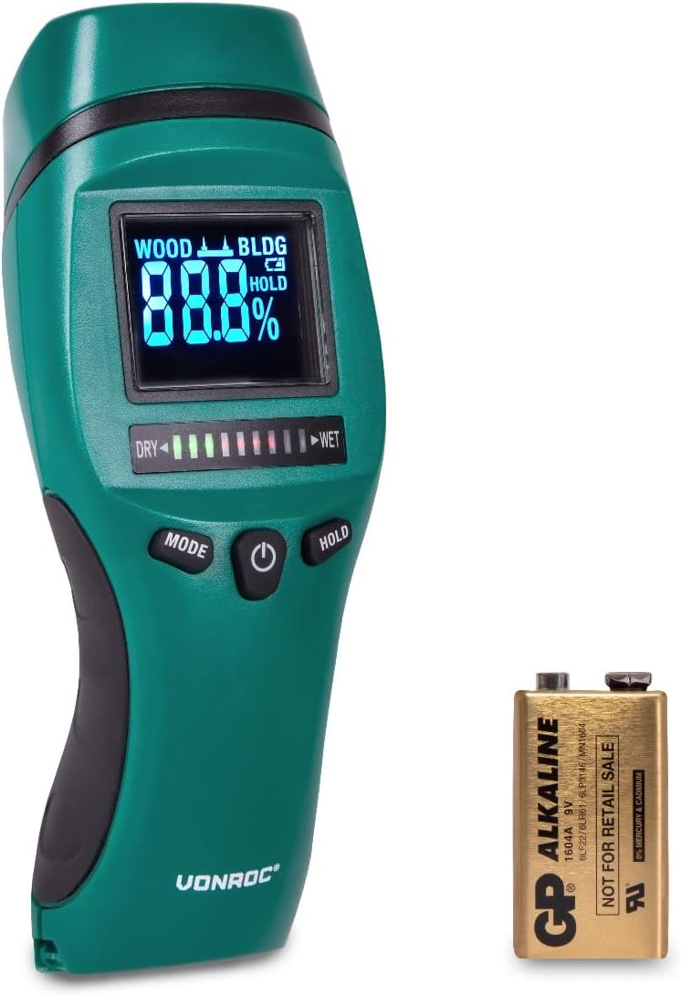 VONROC Feuchtigkeitsmessgerät - LCD Display mit Hintergrundbeleuchtung - Profi und präzise Messung v