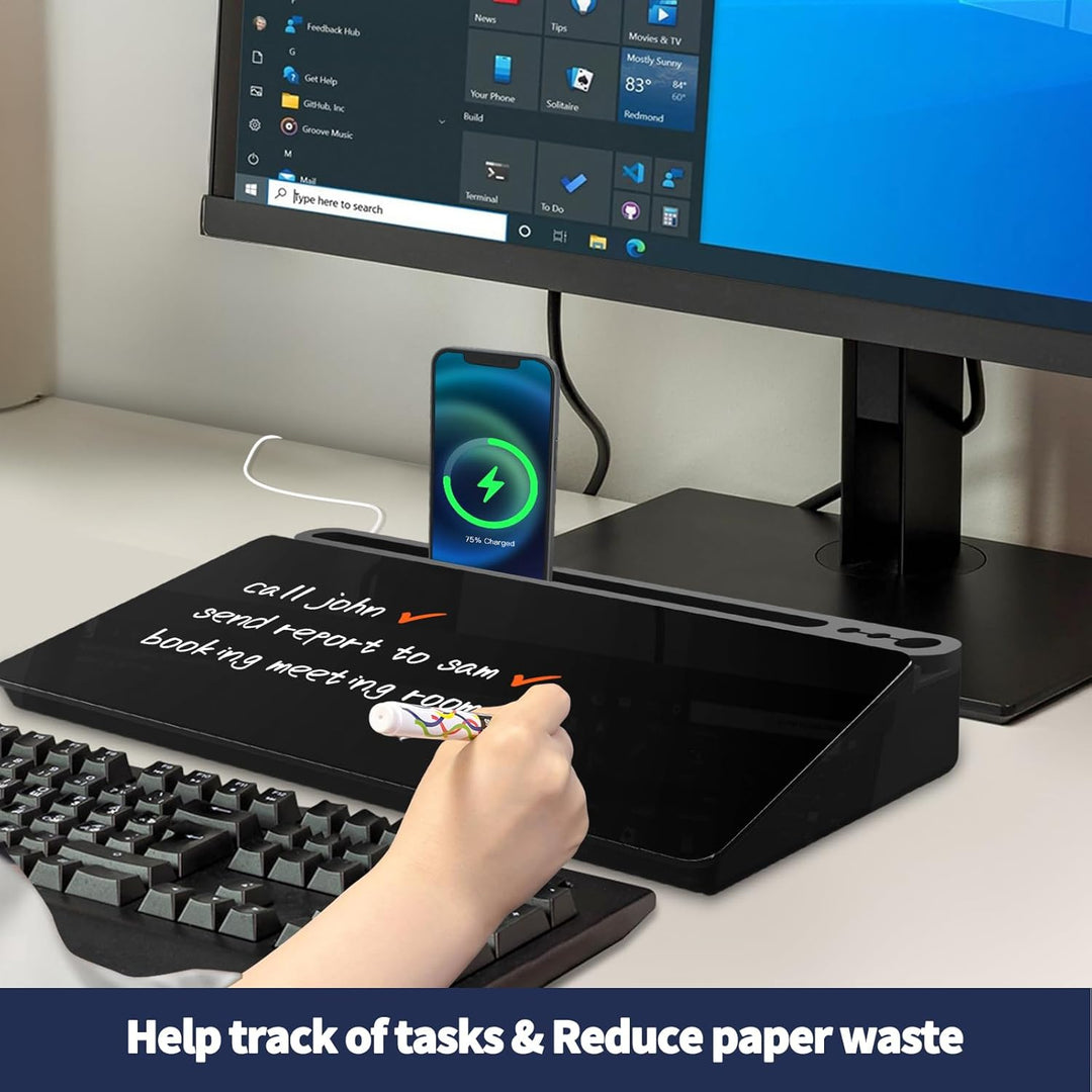 Schwarzes Desktop Whiteboard mit Stauraum, Glas Notiztafel für Büro Gadgets, abwischbare Mini Tafel
