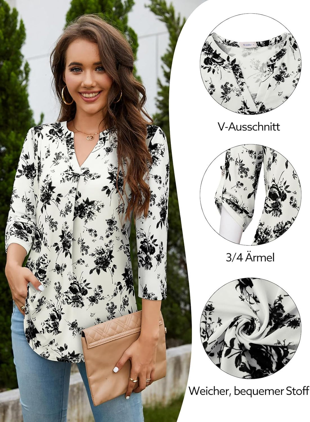 Siddhe Damen V-Ausschnitt Bluse 3/4 Ärmel Oberteile Tunika Tops Locker Longshirt Lässige T-Shirt Lan