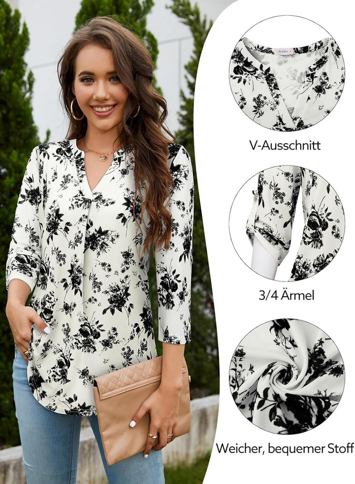 Siddhe Damen V-Ausschnitt Bluse 3/4 Ärmel Oberteile Tunika Tops Locker Longshirt Lässige T-Shirt Lan