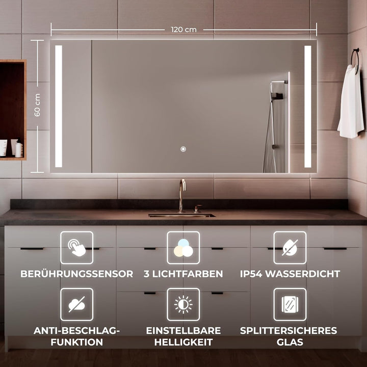 BR Bringer LED Badspiegel - 120x60 cm - Badezimmerspiegel mit Beleuchtung und Anti-Beschlag Funktion