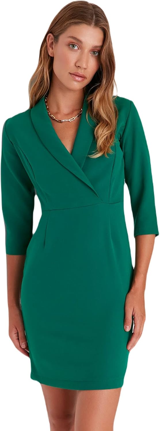 TRENDYOL Damen Woman Mini Gerüschter Saum Hochabschliessender Kragen Webstoff Kleid 38 Grün, 38 Grün