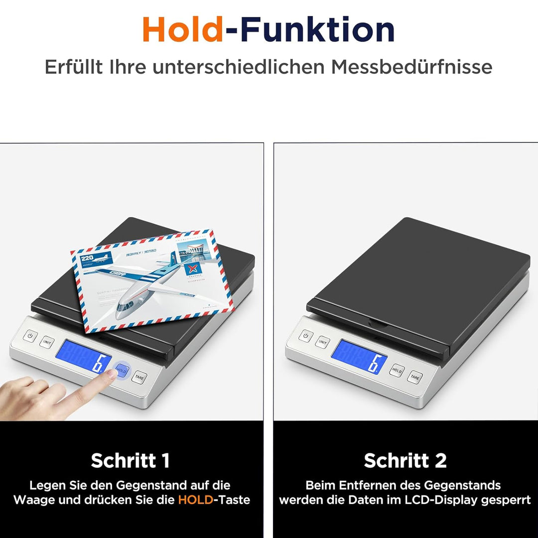 Briefwaage, 30kg/2g Digitale Paketwaage mit Halte & Tara Funktion, Hohe Präzision Faltbare Plattform
