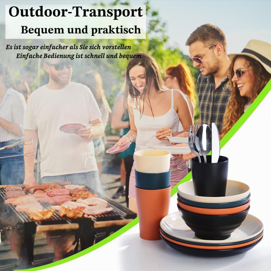 Kyraton Camping Besteck Set, wiederverwendbarer Leichter Becher, Schalen, Teller und Edelstahlbestec