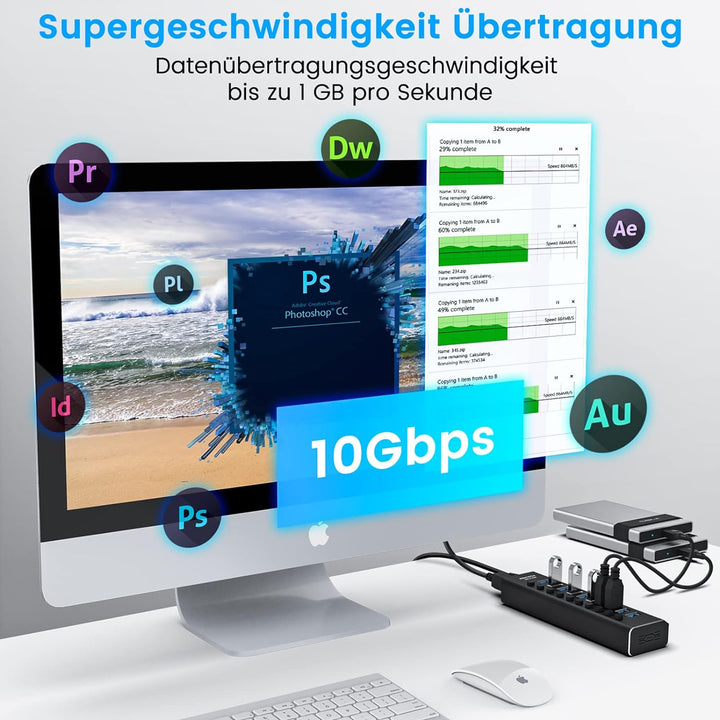 RSHTECH USB 3.1 Hub mit Netzteil 36W, mit 10*10Gbps USB 3.2-Port Aluminium USB Hub 3.2 Gen2 Aktiv mi